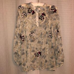 Zara S Ivory Blue Floral Embroidered Long Sleeve Pullover Blouse
